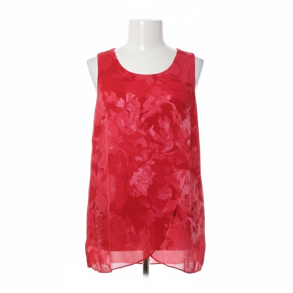 H by Halston Blouse M Red Pink Floral Sleeveless Tunic Chiffon Overlay Career